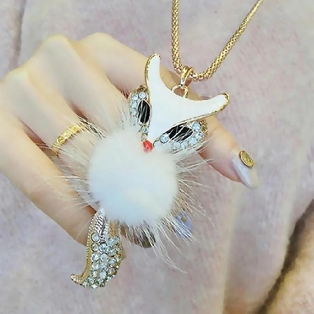 Crystal Fur Fox Charm Necklace